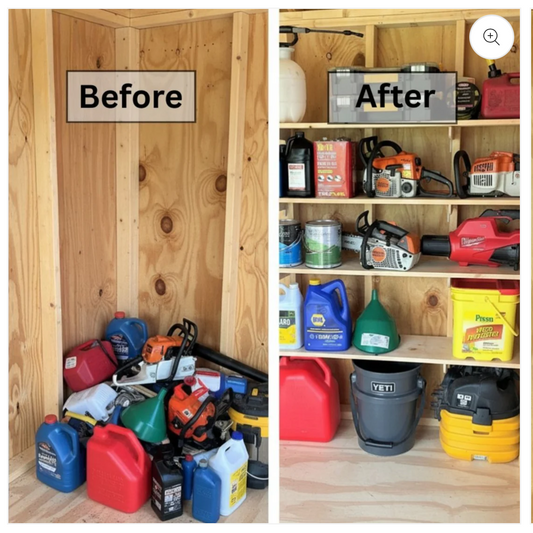 Before and after comparison of a storage shed with a Shed Shelf Bracket Kit from Hangthis Up.