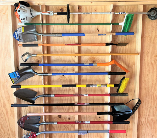 Organize your shed with this wall mounted tool rack, ideal for storing garden tools and yard equipment