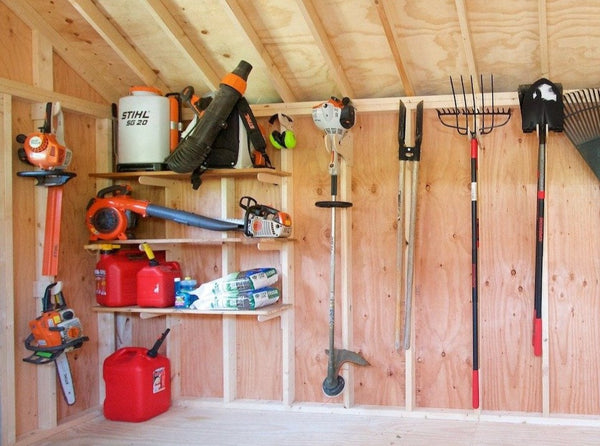 Garden and yard tools stored in a shed with 2x4" studs.  Yard tool racks and hooks made from premium grade furniture plywood.  Super strong and sturdy.