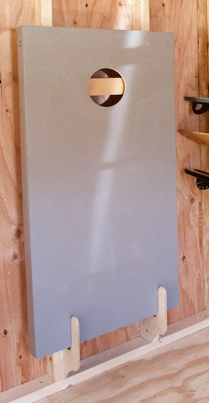 Cornhole Board Hanging on Shed wall 