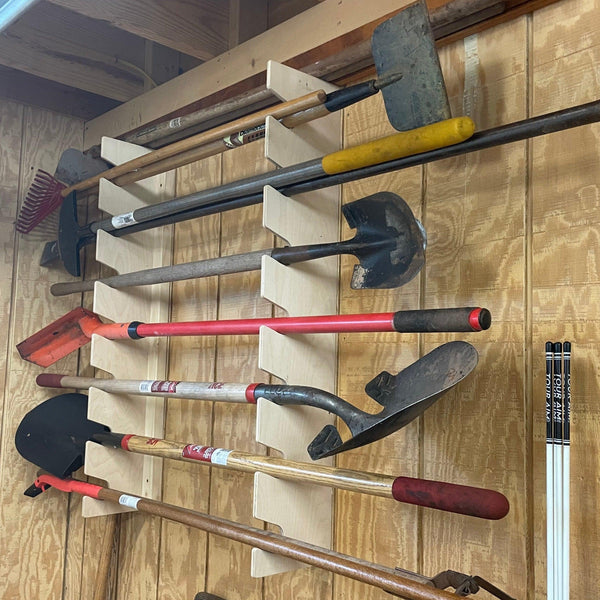 Garden Yard Tool Rack Best design for Yard Tools in your garage or shed space. Organizes a variety of yard tools like rakes, shovels, spade bars...