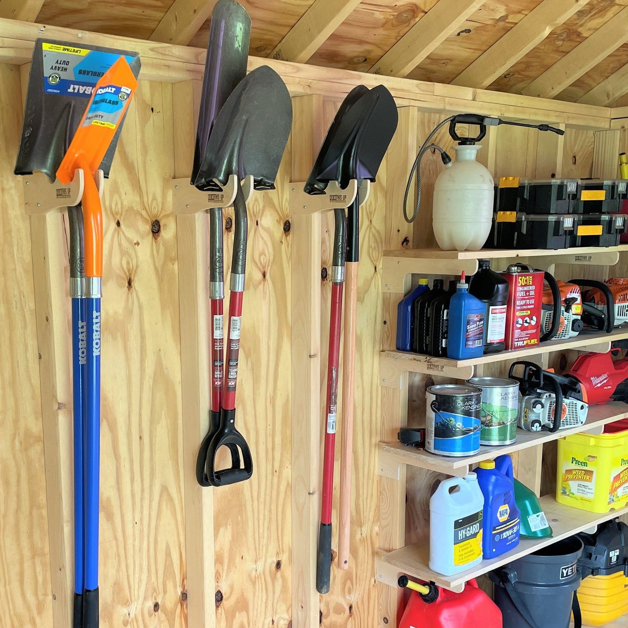 Yard and garden tool organizers being used in a wood shed. Shelf brackets for use in a wood shed.  Simple to install. High quality.