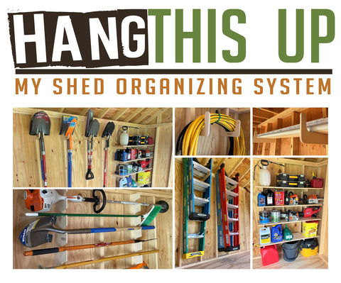 A shed with a shelf holding various tools and items, including a yard tool rack and garden tool rack. Shed organizing system.