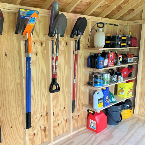 Garden yard tool organizer for shed storage, keeping outdoor tools neatly arranged and easily accessible.