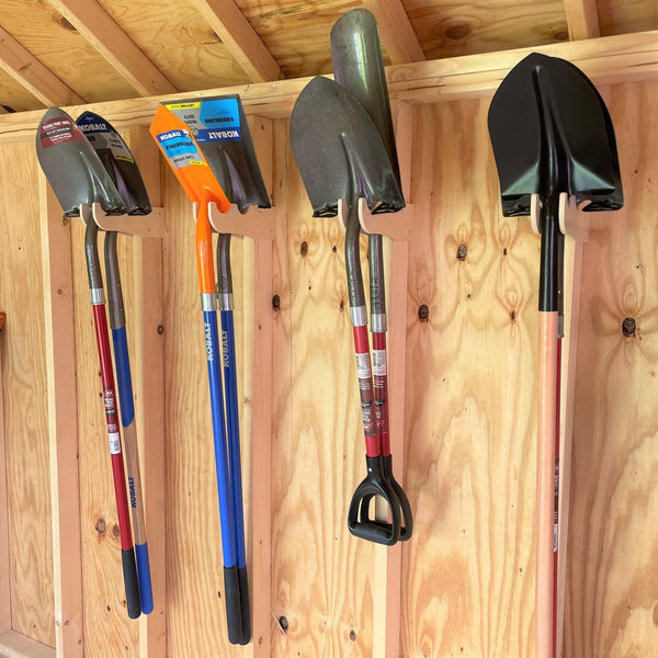 Garden yard tool rack for shed storage, keeping tools organized, accessible, and clutter-free.