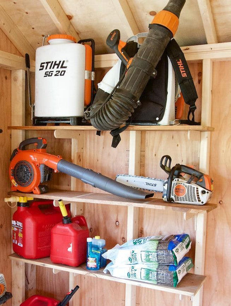 Organize your storage shed with the MAX Shed Kit, featuring tool racks, shelving, and garden tool organizers.