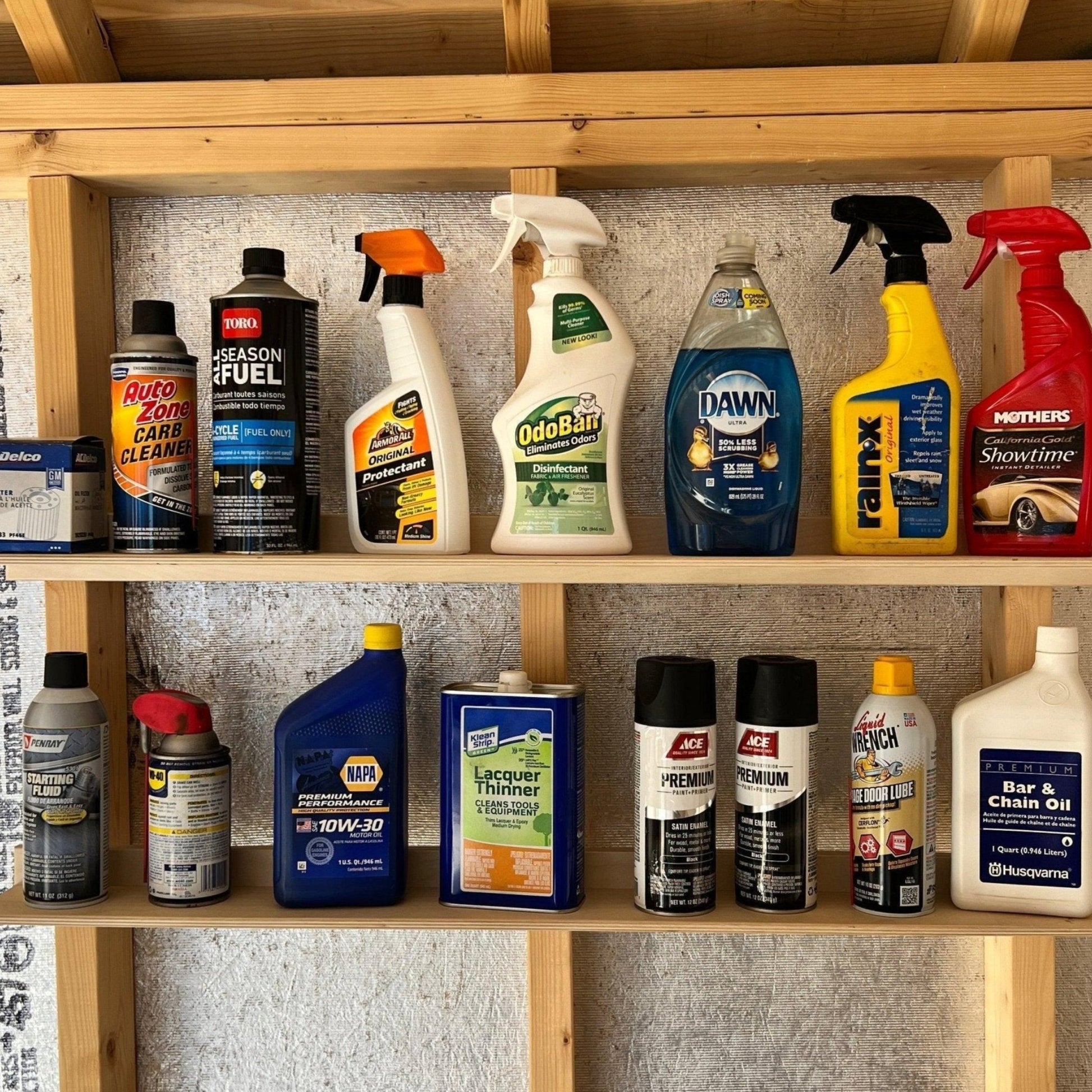 Ledge Shelf shed organizer for bottles, cans, tools and supplies
