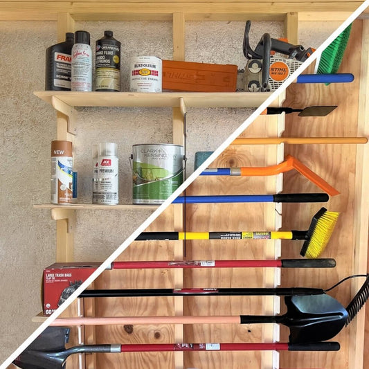 Shelf and Tool Rack Kit Combo, Shed Storage Organizers, Shelf and Bracket, Tool Organizers, Yard Tool Rack - HangThis Up