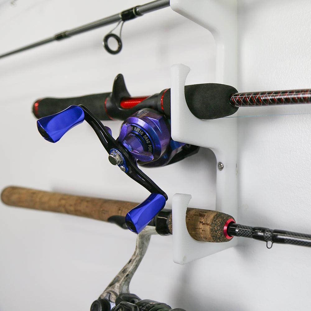 TRAPSKI Fishing Rod/Pole Holder Rack Organizers | Wall or Ceiling Mounted Fishing Rod Rack | Durable Marine Grade HDPE Plastic | Fishing Pole Holder Holds up to 6 or 12 + Stackable Storage - HangThis Up