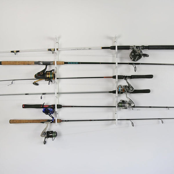 TRAPSKI Fishing Rod/Pole Holder Rack Organizers | Wall or Ceiling Mounted Fishing Rod Rack | Durable Marine Grade HDPE Plastic | Fishing Pole Holder Holds up to 6 or 12 + Stackable Storage - HangThis Up