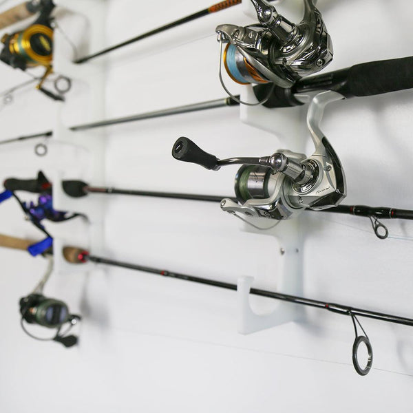 TRAPSKI Fishing Rod/Pole Holder Rack Organizers | Wall or Ceiling Mounted Fishing Rod Rack | Durable Marine Grade HDPE Plastic | Fishing Pole Holder Holds up to 6 or 12 + Stackable Storage - HangThis Up