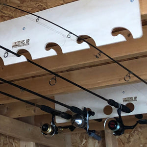 Fishing rod storage rack made of premium grade plywood, perfect for sheds, can be mounted on ceilings or walls.  Quality product.