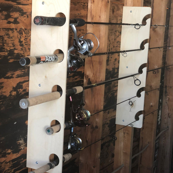 Fishing rod storage rack made of wood, perfect for sheds, can be mounted on ceilings or walls.