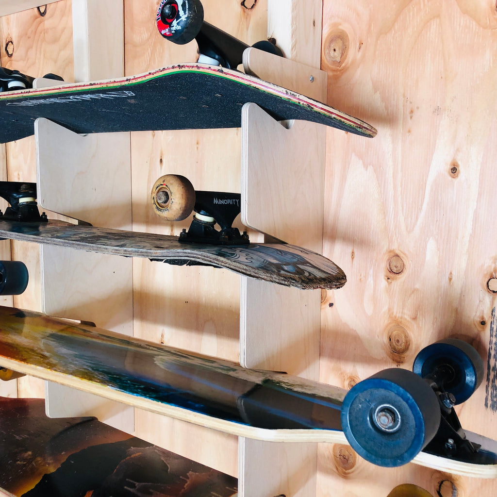 Skateboard Organizer (Holds 4), Garage, Bedroom, Man-cave – HangThis Up My  Shed Organizing System